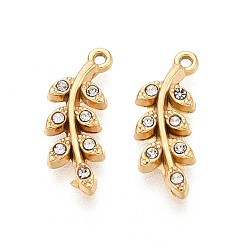 Настоящее золото 18K 304 из нержавеющей стали амулеты горный хрусталь, лист прелести, вакуумное покрытие pvd, реальный 18 k позолоченный, 15x6x2 мм, отверстие : 0.9 мм