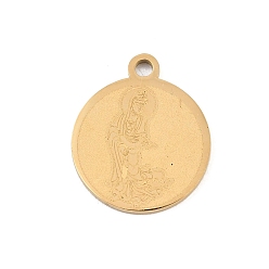 Oro Colgantes budistas 304 de acero inoxidable, Redonda y plana con amuletos de Guanyin, pulido a mano, revestimiento de iones (ip), dorado, 17x15x1.4 mm, agujero: 1.8 mm