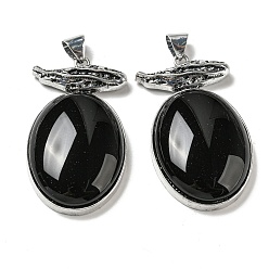 Obsidian Natural Obsidian Big Pendants, Antique Silver Plated Alloy Oval Charms, 56x32x11mm, Hole: 7x6.5mm