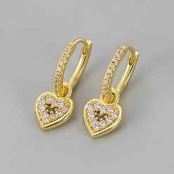 Clear Brass Micro Pave Cubic Zirconia Hoop Dangle Earrings, Heart, Golden, Clear, 20.34x7.95mm