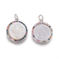 Платина Латунные подвески, с микро проложить кубического циркония, раковины и прыжковые кольца, плоские круглые с святым Бенедиктом, красочный, платина, 18x15x3 мм, отверстие : 3 мм