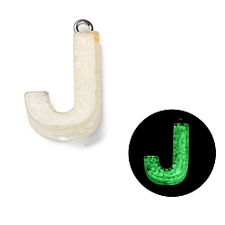 Letter J Светящиеся подвески смолы, светится в темноте, с платиновым покрытием петли, буквы, буква J, 23x14x5.5 мм, отверстие : 1.8 мм