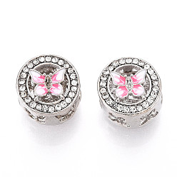 Платина Европейские бусины, сплав, стразы , с эмалью, бусины с большим отверстием, плоский круглый & бабочка, платина, 12x8.5 мм, отверстие : 4.5~5 мм