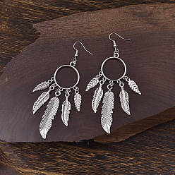 Antique Silver Zinc Alloy Dangle Earrings for Women, Feather, Antique Silver, 95x25mm
