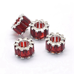Темно-Красный Кубического циркония Европейский бисером, бусины с большим отверстием, с латунной фурнитурой , колонка, платина, темно-красный, 10.5x6.5 мм, отверстие : 5.5 мм