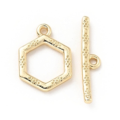 Light Gold Rack Plating Brass Toggle Clasps, Cadmium Free & Lead Free, Long-Lasting Plated, Hexagon, Light Gold, Hexagon: 14.5x10.5x1.6mm, Hole: 1.2mm, Bar: 18.5x4x1.8mm, Hole:  1.2mm
