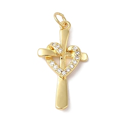 Настоящее золото 18K Подвески из латуни и прозрачного циркония с покрытием стойки, без кадмия и без свинца, долговечный, крест сердце, с целью перехода в кольце, реальный 18 k позолоченный, 26x14x3.5 мм, отверстие : 5 мм
