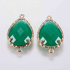 Green Glass Links connectors, with Brass Finding, Faceted, teardrop, Golden, Green, 23.5x14.5x5mm, Hole: 0.8mm