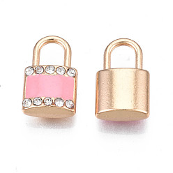Pink Стойки обшивки сплава эмали подвески, с кристально горный хрусталь, без кадмия, без никеля и без свинца, золотой свет, запирать, розовые, 16.5x10x5 мм, отверстие : 4.5x5.5 мм
