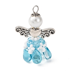 Темно-Голубой Стеклянные подвески, ангел, с бусинами из сплава и 304 петлей из нержавеющей стали, глубокое синее небо, 33x23.5x11.5 мм, отверстие : 3 мм