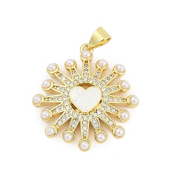 Настоящее золото 18K Латунные микропаве прозрачные подвески с фианитом, сердце, с синтетическим опалом и искусственным жемчугом из АБС-пластика, долговечный, стойки покрытие, без свинца и без кадмия, реальный 18 k позолоченный, 27x25x4.5 мм, отверстие : 4.5x3.5 мм