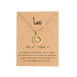 Лео Латунные микропаве прозрачные кубические цирконии плоские круглые подвески в виде созвездий, ожерелья из нержавеющей стали, золотые, Лев, 19.69 дюйм (50 см)