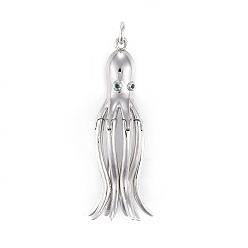 Платина Латунные микро проложить кубического циркония подвески, с прыжковых колец, долговечный, осьминог, зелёные, платина, 39x7 мм, отверстие : 3 мм