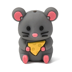 Mouse Animal Silicone Beads, Focal Beads, Gray, Mouse with Cheese, 31.5x26x16mm, Hole: 2mm
