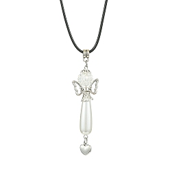 Античное Серебро Ожерелья с подвеской в виде крыльев ангела из акрилового жемчуга и стеклянного сплава, воском ожерелья хлопковый шнур, античное серебро, 17.32 дюйм (44 см)