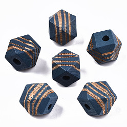 Морской Синий Расписные бусы из натурального дерева, лазерная гравировка, граненые, многоугольник с полосой зебры, Marine Blue, 12x12x12 мм, отверстие : 3 мм