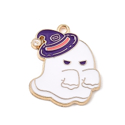 Ghost Halloween Alloy Enamel Pendants, Golden, Ghost Charms, 25x20x1.5mm, Hole: 1.6mm