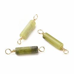 TaiWan Jade Natural Taiwan Jade Connector Charms, with Light Gold Eco-Friendly Copper Wire Wrapped, Column, 22~23.5x4mm, Hole: 2.2~2.4mm