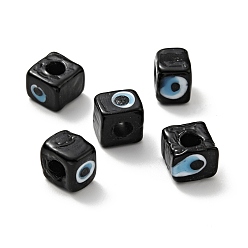 Черный Ручная работа сглазная лампа европейские бисер, бусины с большим отверстием, кубические, чёрные, 8~9x9~10x9~10 мм, отверстие : 4.3 мм