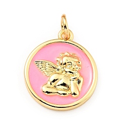 Mixed Color Brass Enamel Pendants, with Jump Rings, Cadmium Free & Lead Free, Real 18K Gold Plated, Flat Round with Angel, Mixed Color, 18.5mm, Hole: 3.5mm