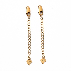 Antique Golden 925 Sterling Silver Chain Extenders, with Lobster Claw Clasps & Charms, Heart, Antique Golden, 62x2.5mm, Hole: 2.4mm
