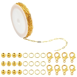 Золотой Наборы для самостоятельного изготовления цепочек-ожерельев, включая латунные цепочки для скрепок, CCB пластиковые шарики, железа открыты кольца прыжок, Карабин-лобстер из цинкового сплава, золотые, 7.6x2.6x0.5 мм, 5 м