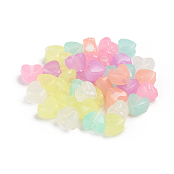 Colorful Luminous Acrylic Beads, Glow in the Dark, Heart, Colorful, 8.5x10.5x6.5mm, Hole: 3.5mm, about 1750pcs/500g