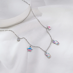 Серебро Ожерелья из нержавеющей стали с разноцветной эмалью в виде звезды и сердца с единорогом для женщин на каждый день, серебряные, 14.96 дюйм (38 см)