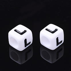 Letter L Acrylic Horizontal Hole Letter Beads, Cube, Letter L, White, Size: about 7mm wide, 7mm long, 7mm high, hole: 3.5mm, about 2000pcs/500g