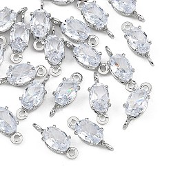 Clear SHEGRACE Brass Pave Cubic Zirconia Oval Connector Charms, Cadmium Free & Nickel Free & Lead Free, Long-Lasting Plated, Real Platinum Plated, Clear, 11.5x4.5x4mm, Hole: 1mm and 1.2mm