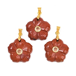 Красный Камень Резные подвески из натуральной красной яшмы, подвески-цветы с латунной микропаве из кубических цирконий, золотые, стойки покрытие, долговечный, золотые, 20x20x5 мм, отверстие : 5x4 мм