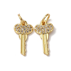Настоящее золото 18K Латунные микропаве прозрачные кубические циркониевые подвески, ключ в форме сердца, с целью перехода в кольце, стойки покрытие, долговечный, без свинца и кадмия с соединительным кольцом, стойки покрытие, долговечный, без свинца и без кадмия, реальный 18 k позолоченный, 15.5x8x1.5 мм, отверстие : 3.5 мм