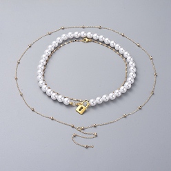 Golden Pendant & Chain Necklace Sets, with Brass Cable Chains, with Round Beads, Plastic Imitation Pearl Beads, Alloy Lock Pendants and 304 Stainless Steel Lobster Claw Clasps, Golden, 14.5 inch(37cm), 16.1 inch(41cm), 28.9 inch(73.5cm), 3pcs/set