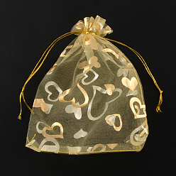 Goldenrod Heart Printed Organza Bags, Gift Bags, Rectangle, Goldenrod, 9x7cm