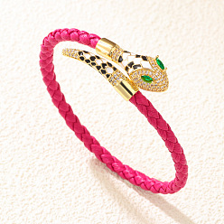 Темно-Розовый Браслеты-манжеты из сплава кубических цирконий и эмали с плетеным шнуром из искусственной кожи, змея, темно-розовыми, внутренний диаметр: 2~2-1/2 дюйм (5~6.5 см)