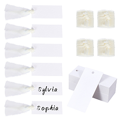 White 50Pcs Rectangle Blank White Paper Gift Tags, with 3 Rolls Cloth Raw Edged Ribbons, White, 9x4x0.04cm
