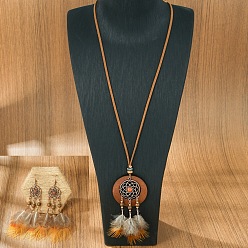 Красная Медь Плетеная сетка/паутина с перьевым сплавом и комплекты из дерева и серег, комплекты украшений из искусственной кожи, Красная медь, ожерелья: 400 мм; серьга: 118x40мм