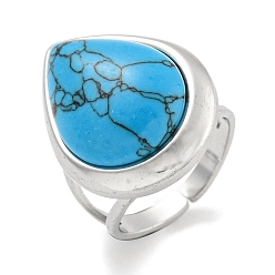 Синтетическая Бирюза 304 манжеты из нержавеющей стали с синтетической бирюзой, открытые кольца в форме слезы для женщин и мужчин, цвет нержавеющей стали, 18.5x23.5 мм, внутренний диаметр: регулируемый.