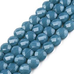 Стально-синий Непрозрачные сплошные цветные стеклянные бусины, граненые, плоско-круглые, стальной синий, 6.5x3.5 мм, отверстие : 1.2 мм, около 98~100 шт / нитка, 21.65 дюйм ~ 22.44 дюйм (55~57 см)