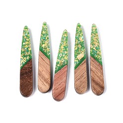 Зеленый лайм Подвески из непрозрачной смолы и орехового дерева, слезинки, с блестящей пудрой и золотой фольгой, зеленый лайм, 44x7.5x3~3.5 мм, отверстие : 1.6 мм