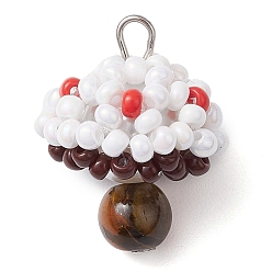 Белый Подвески из бисера и натурального тигрового глаза, подвески-грибы, с железной петлей, белые, 27x18x18 мм, отверстие : 3 мм