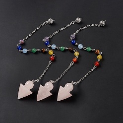 Розовый Кварц Подвески маятник биолокации с конусом из натурального розового кварца, с круглыми бусинами из драгоценных камней чакры, фурнитура и цепи из латуни с платиновым покрытием, 235 мм