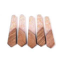 Розовый Подвески из непрозрачной смолы и орехового дерева, подвески для галстука, с блестящей пудрой и золотой фольгой, туманная роза, 48.5~49x12x3~3.5 мм, отверстие : 2 мм