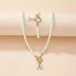 Кремово-белый Наборы браслетов и ожерелий из пластиковых бусин с имитацией жемчуга, с буквой сплава амулет, для женщин, кремово-белые, 530 мм