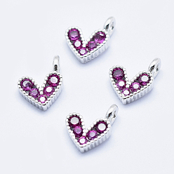 Real Platinum Plated Brass Micro Pave Cubic Zirconia Charms, Long-Lasting Plated, Cadmium Free & Nickel Free & Lead Free, Heart, Hot Pink, Real Platinum Plated, 9.5x6.5x2mm, Hole: 1mm
