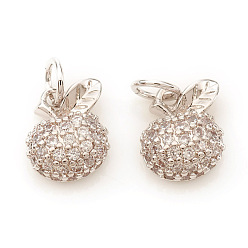 Platinum Brass Micro Pave Cubic Zirconia Charms, with Jump Rings, Apple, Clear, Platinum, 8x6.5x3mm, Jump Ring: 4x0.6mm, Hole: 2.5mm