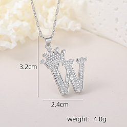 Letter W Хип-хоп латунные микропаве кубические цирконии корона инициал подвеска ожерелья, 304 ожерелья из нержавеющей стали с цепочкой для женщин, платина, Буква W, 15.75 дюйм (40 см)