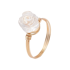 Хрусталь Кольца на палец из натурального розового кварца на день святого валентина, Кольца из медной проволоки золотистого тона для женщин, размер США 8 1/2 (18.5 мм), Роза: 10x10 мм