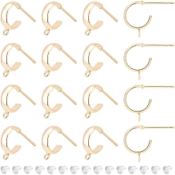 Настоящее золото 18K 16 шт. латунные серьги-гвоздики, фурнитура для сережек полукольцо с вертикальными петлями, без никеля , с 40 пластиковыми ушными гайками, реальный 18 k позолоченный, 13x3 мм, отверстие : 1.5 мм, штифты : 0.8 мм