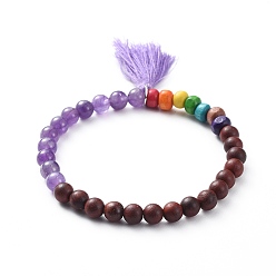 Amethyst Chakra Jewelry, Stretch Charm Bracelets, with Wood Beads, Natural Amethyst Beads and Cotton Tassel, 2-1/8 inch(5.5cm)